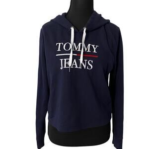 Tommy Jeans Womens‎ Cropped Hoodie Navy Blue Pullover Logo Spellout Small Preppy